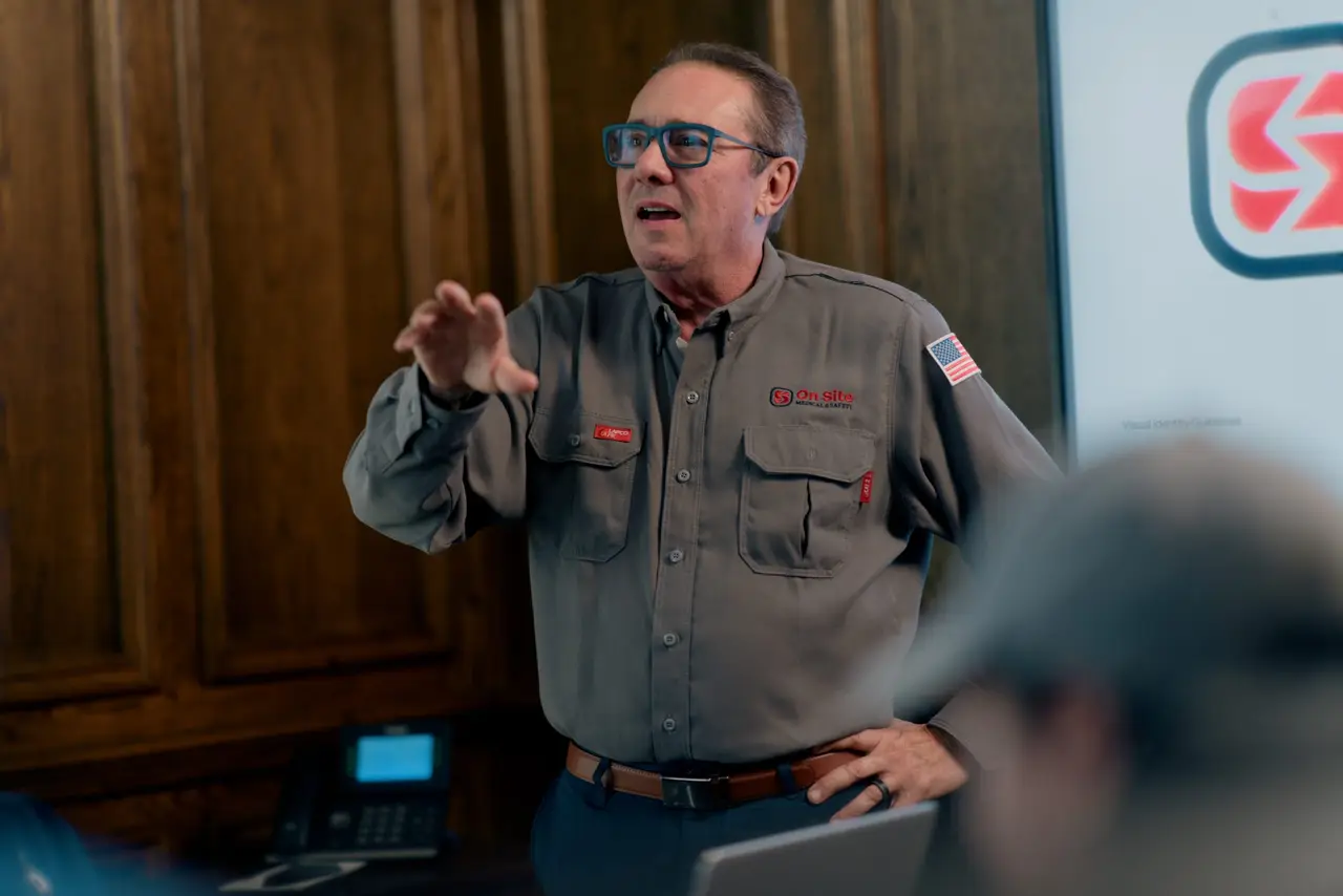 An On Site leader briefing a team during a workforce readiness discussion