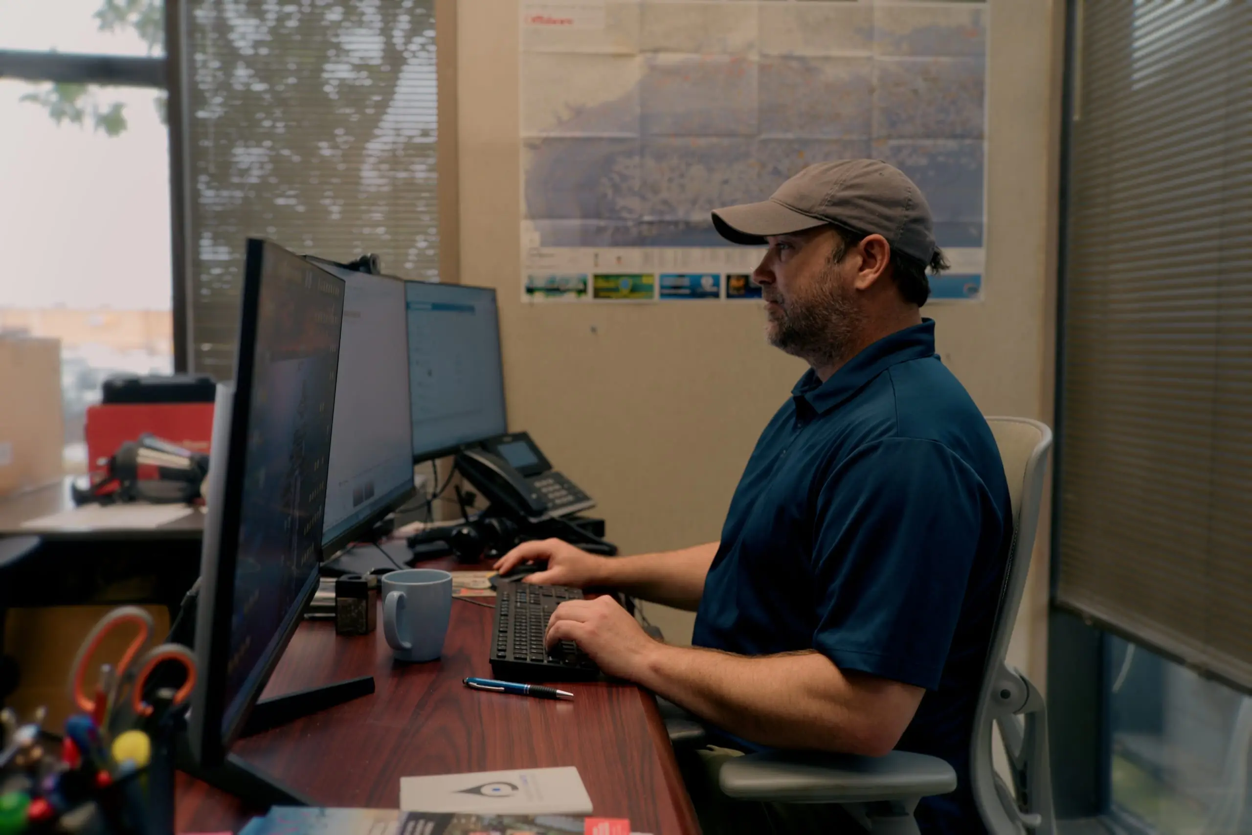 An On Site coordinator at a dual-monitor workstation reviewing operations alongside a Gulf of Mexico lease map